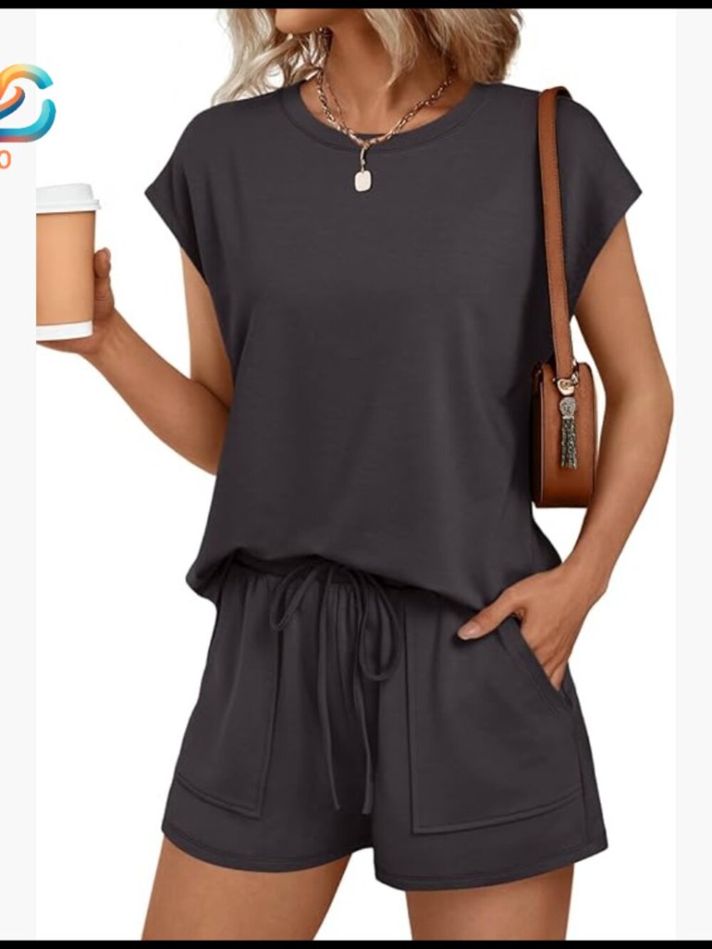 Medium Two-Piece Short Set With Pockets, Soft Polyester Blend For Summer